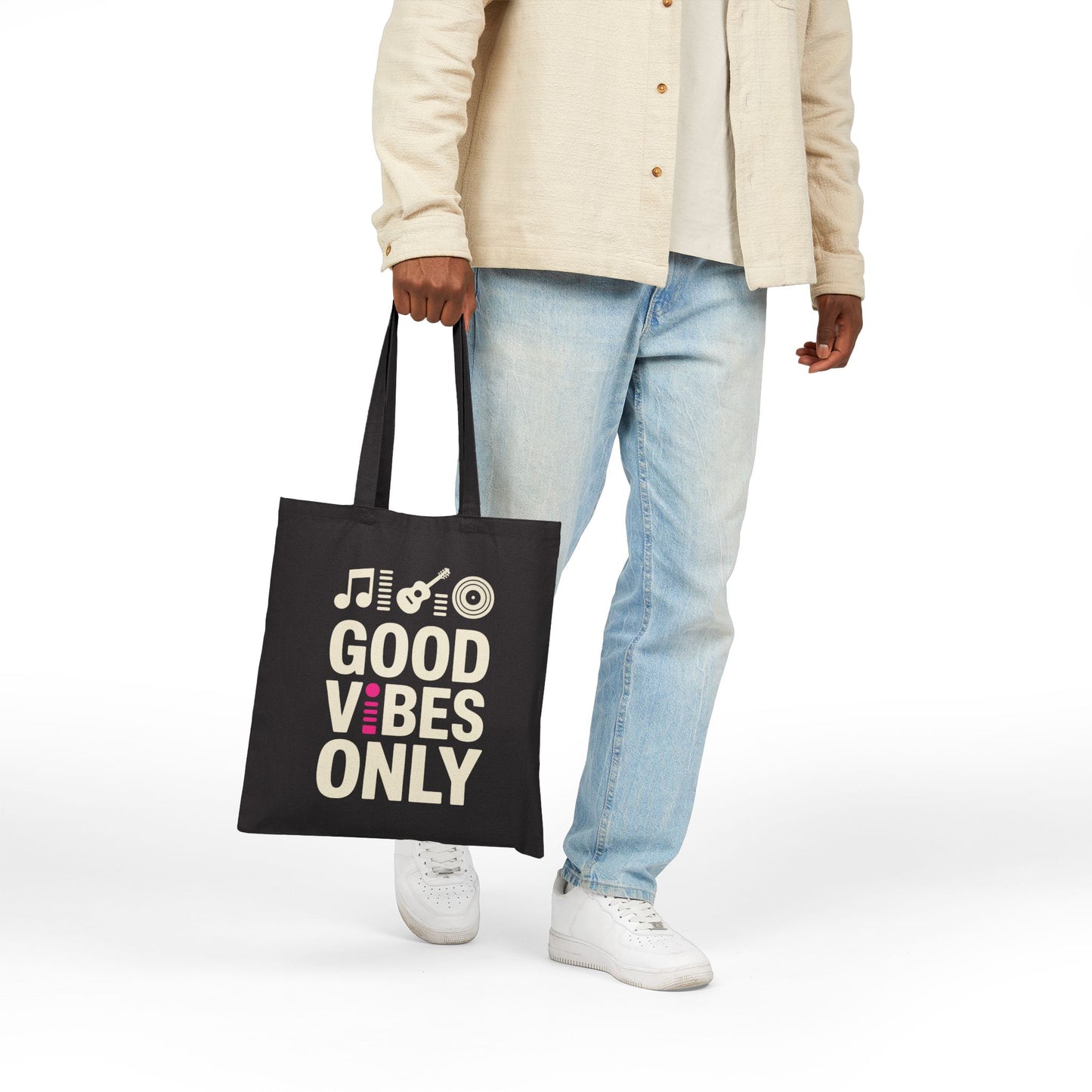 Music-inspired Good Vibes Only artwork displayed on a modern TEEZOCA tote bag