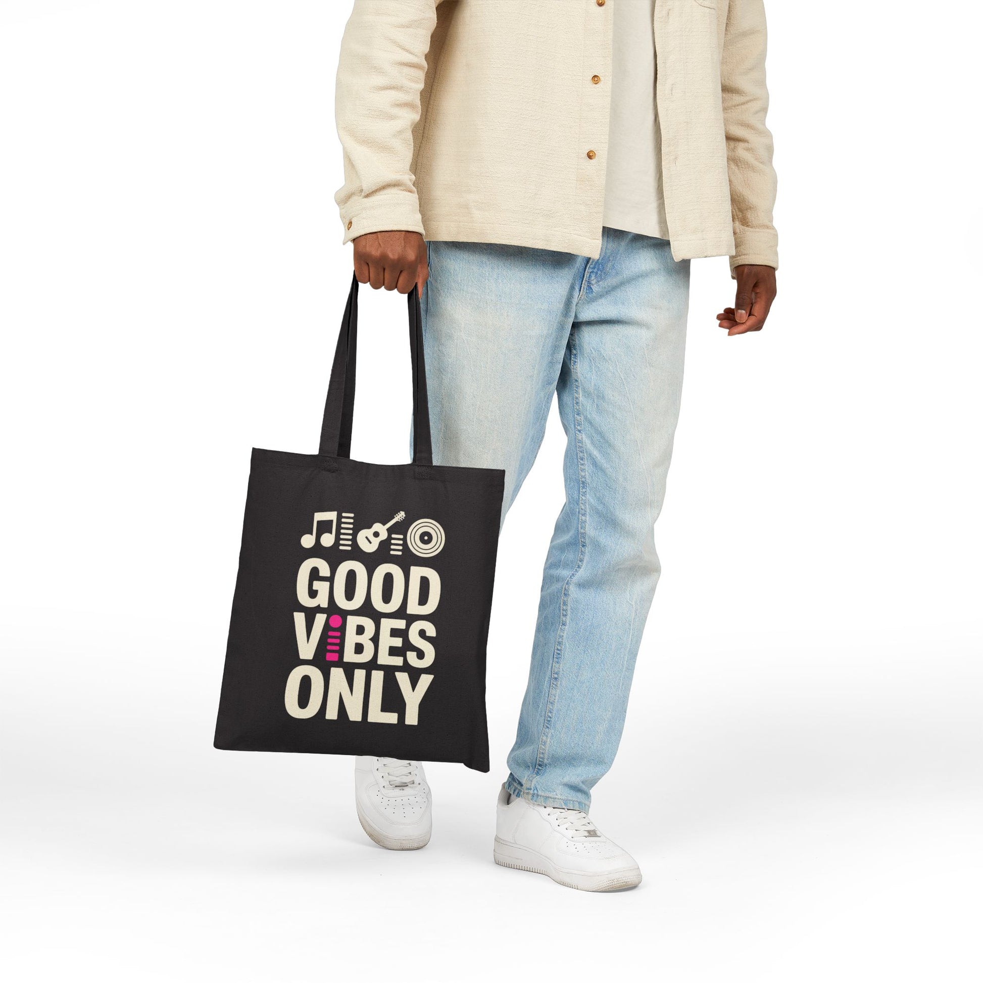 Music-inspired Good Vibes Only artwork displayed on a modern TEEZOCA tote bag