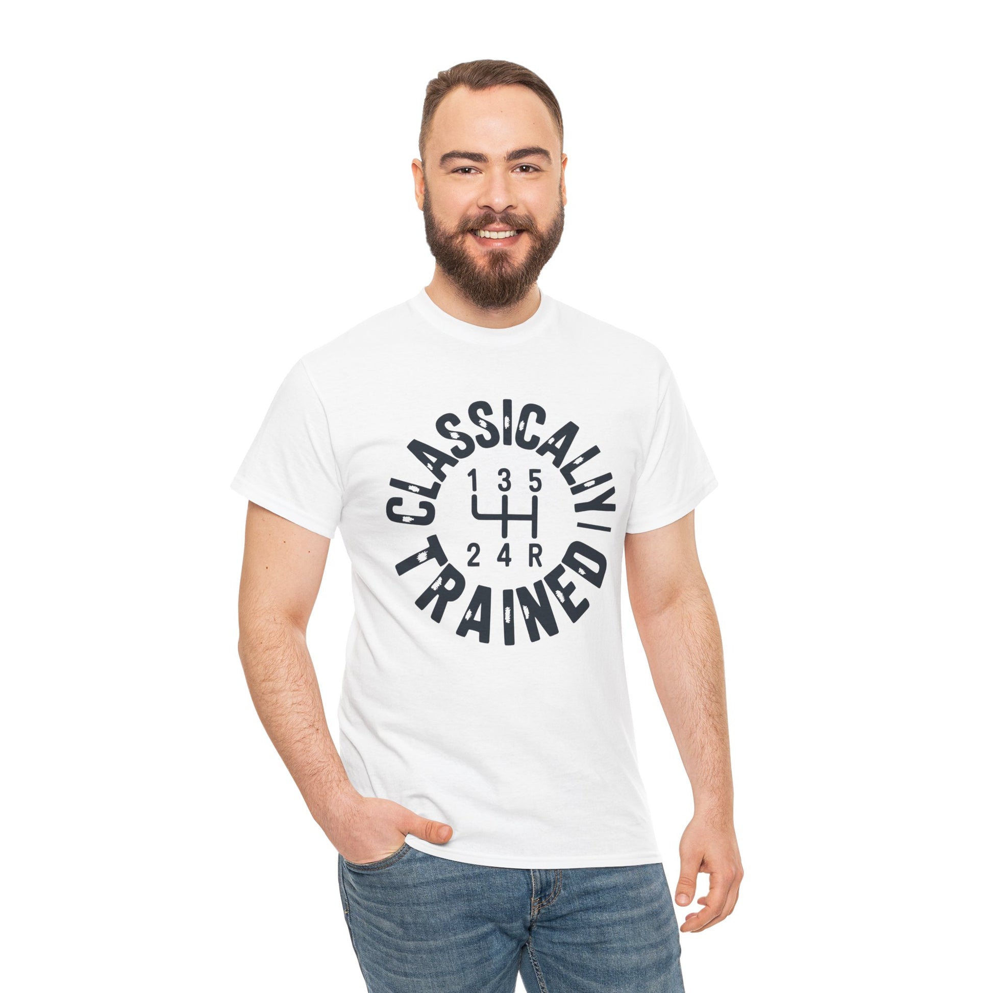 men wearing Light white t‑shirt with bold dark “Classically Trained” stick‑shift artwork, flat front view.