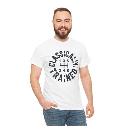 men wearing Light white t‑shirt with bold dark “Classically Trained” stick‑shift artwork, flat front view.