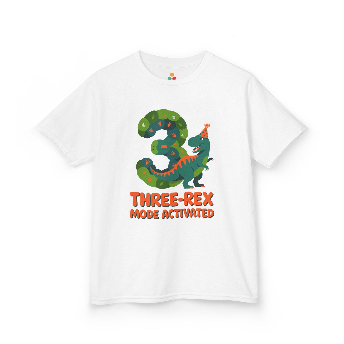White kids' t‑shirt with colorful green T‑Rex wearing party hat, confetti, and "Three-Rex Mode Activated" text, flat front view.
