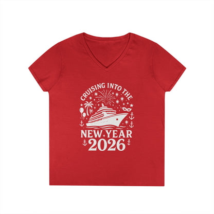 Red t-shirt with 'Cruising into the New Year 2026' design on a white background