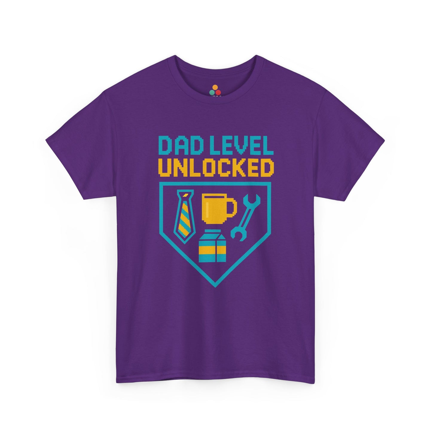 Purple t-shirt with 'Dad Level Unlocked' graphic design on a white background
