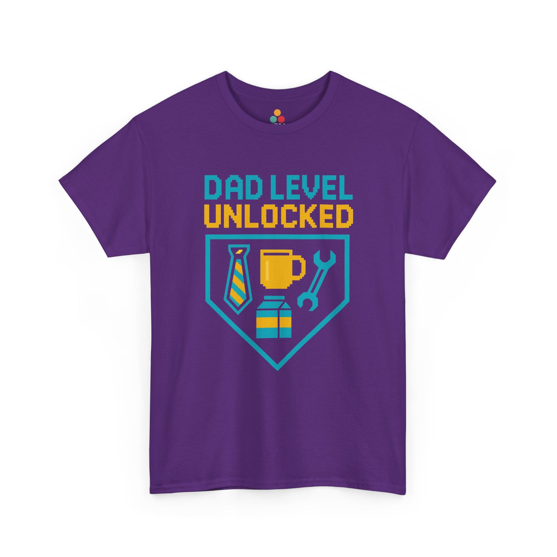 Purple t-shirt with 'Dad Level Unlocked' graphic design on a white background