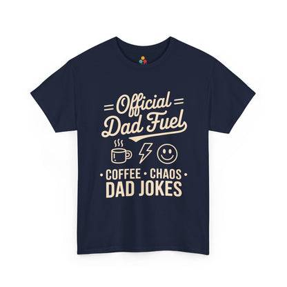 TEEZOCA navy “Official Dad Fuel Coffee Chaos Dad Jokes” novelty coffee and dad jokes T‑shirt displayed flat.