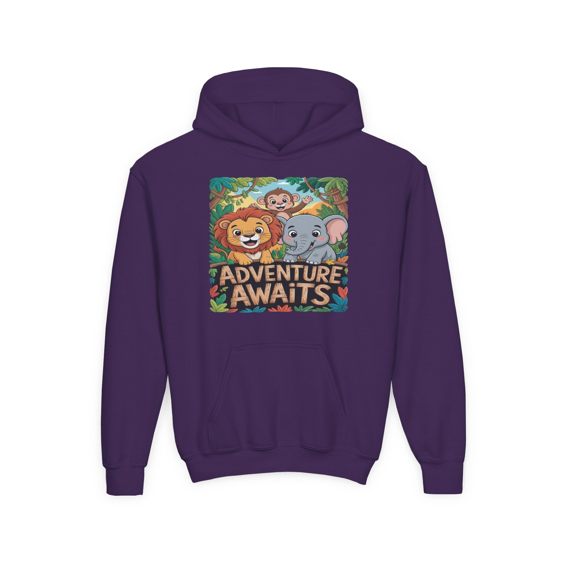 Kids' Hoodie — "Adventure Awaits" Safari Animal Graphic TEEZOCA