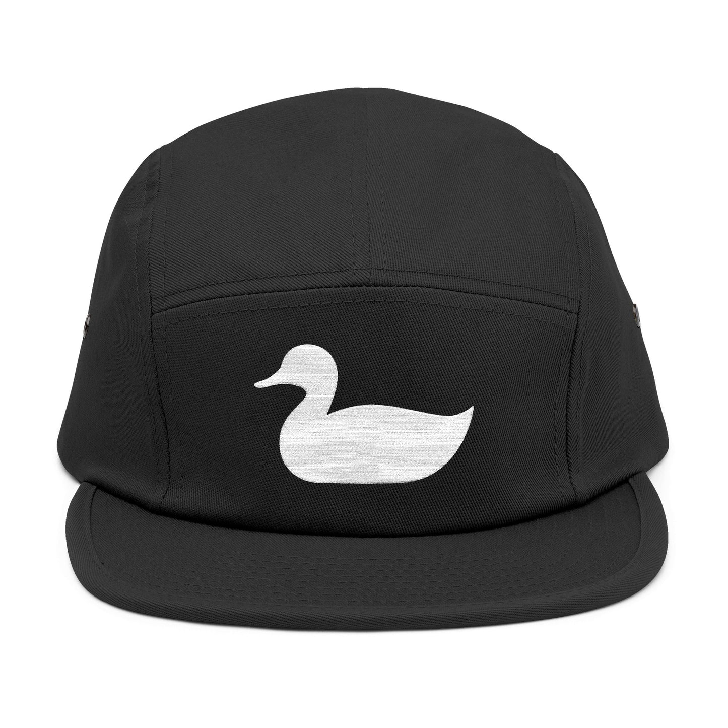 Black cap with a white duck logo on a white background. Minimal duck silhouette embroidered on 5-panel cap by TEEZOCA