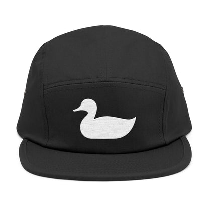 Black cap with a white duck logo on a white background. Minimal duck silhouette embroidered on 5-panel cap by TEEZOCA