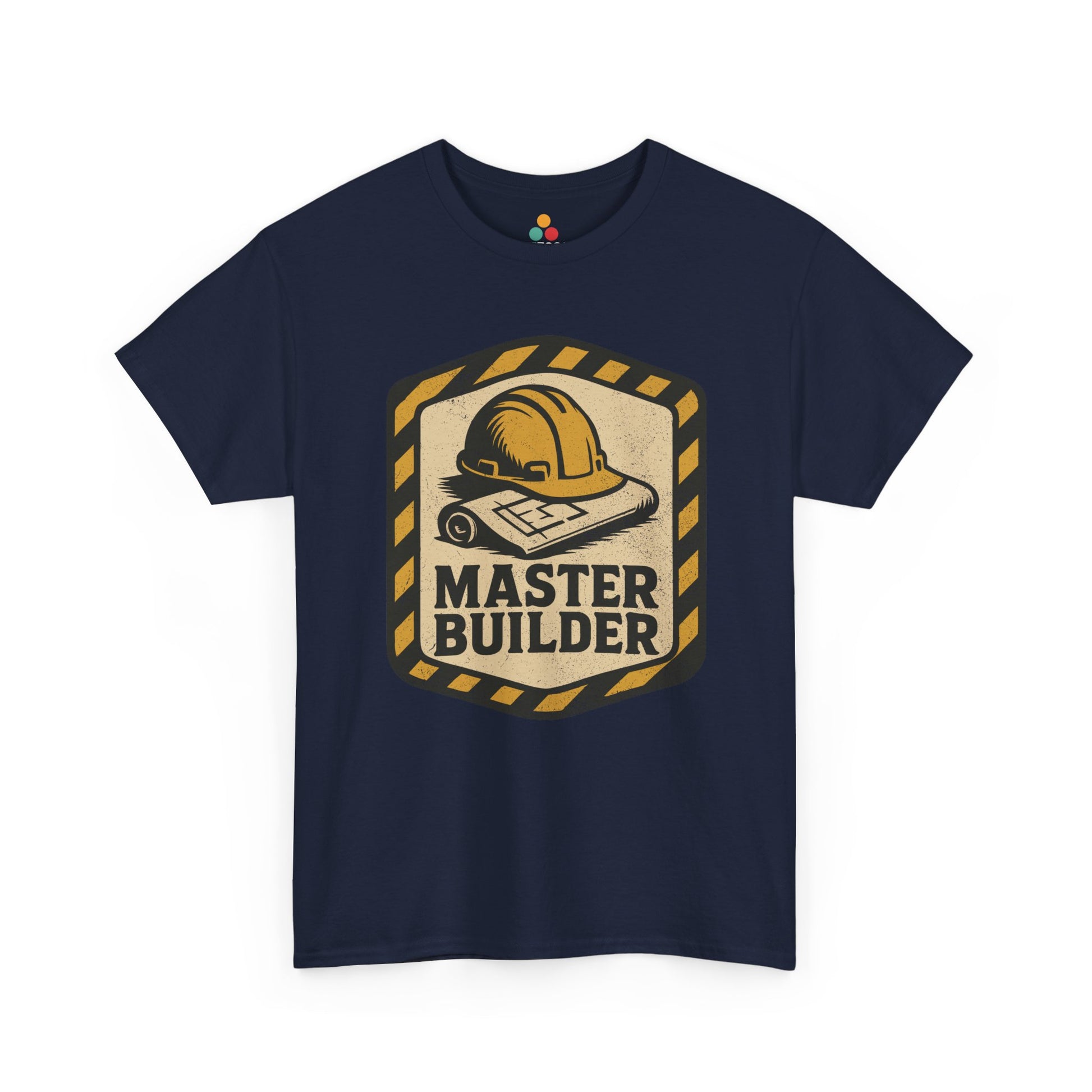 Navy blue t-shirt with 'Master Builder' graphic design on a white background