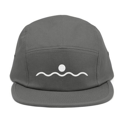 Gray cap with a white wave and sun design on a white background. Minimal sunset and wave line-art graphic in white. TEEZOCA