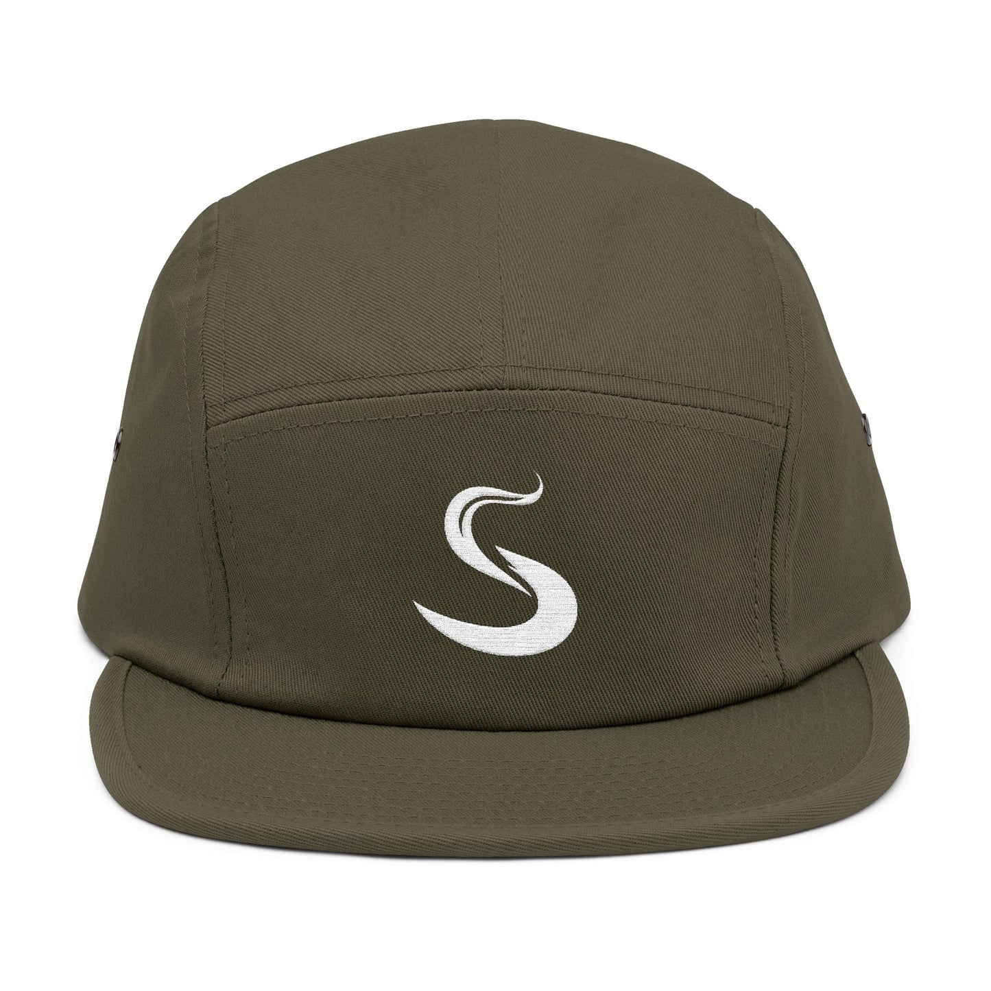 Green cap with a white logo on a white background. Minimalist S-shaped steam swirl embroidery design in bold white stitched on a 5-panel cap by TEEZOCA