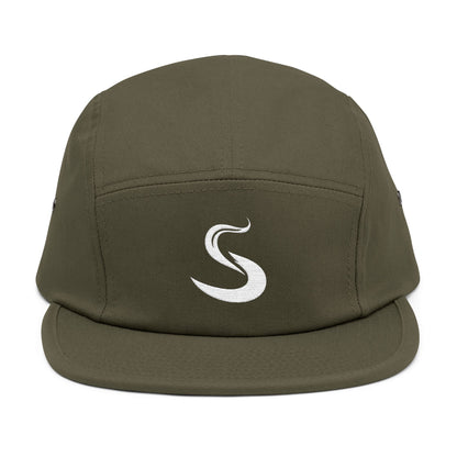 Green cap with a white logo on a white background. Minimalist S-shaped steam swirl embroidery design in bold white stitched on a 5-panel cap by TEEZOCA