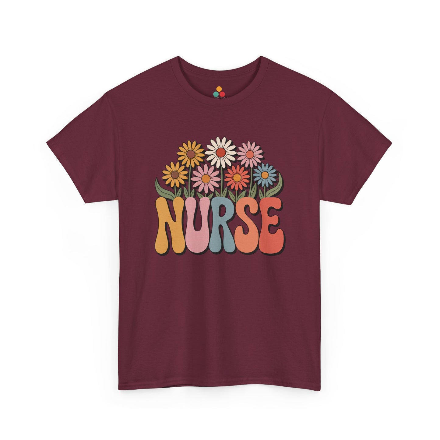 “Teezoca groovy daisy Nurse shirt, vintage flower NURSE graphic, maroon tee, flat lay.”

