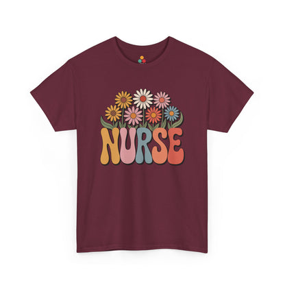 “Teezoca groovy daisy Nurse shirt, vintage flower NURSE graphic, maroon tee, flat lay.”

