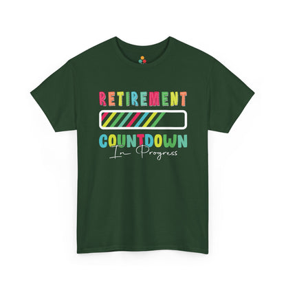 “Teezoca Retirement Countdown In Progress t-shirt, fun retiree progress bar graphic, navy blue tee, front.”

