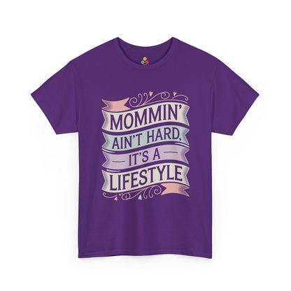 TEEZOCA purple “Mommin’ Ain’t Hard, It’s A Lifestyle” pastel mom tee shown flat.