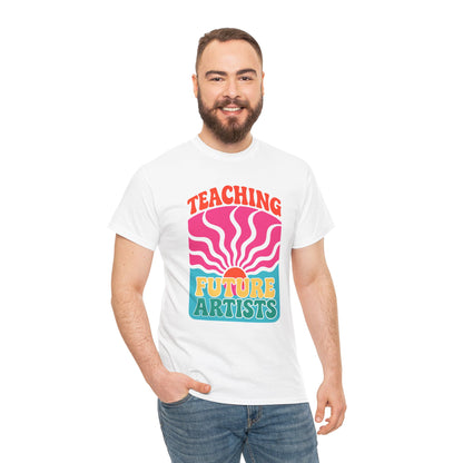 "Men wearing white 'Teaching Future Artists' art teacher t‑shirt, front view."

