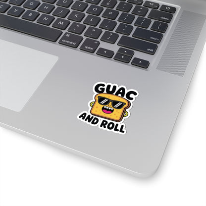 Laptop with a sticker that says 'GUAC AND ROLL' on the palm rest area. TEEZOCA