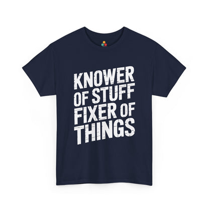 TEEZOCA Funny Father's Day Shirt. Navy blue t-shirt with white text 'KNOWER OF STUFF FIXER OF THINGS' on a white background