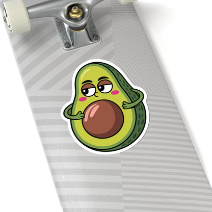 Skateboard with a cartoon avocado sticker on a white background. TEEZOCA