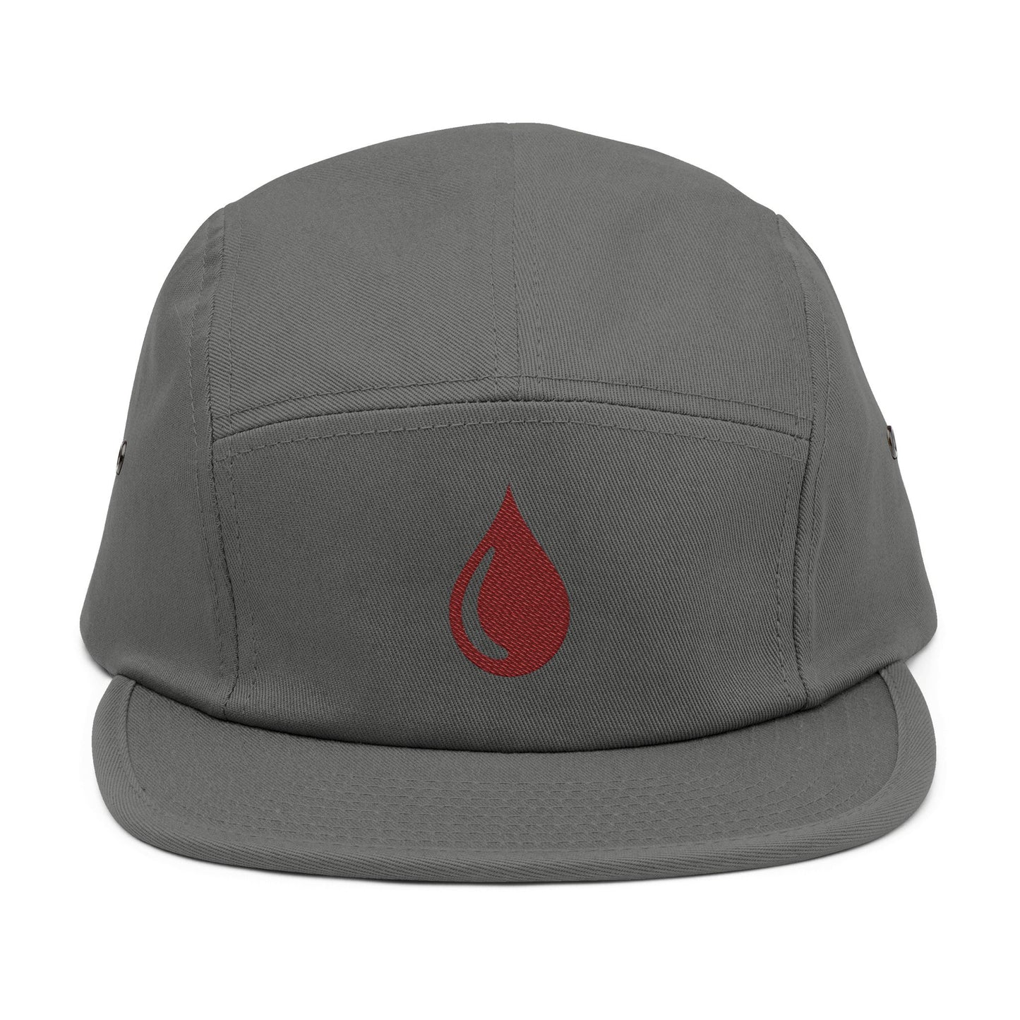 Gray cap with a red droplet symbol on a white background. Minimal coffee drop icon embroidered in a clean, modern style 5-panel cap. TEEZOCA