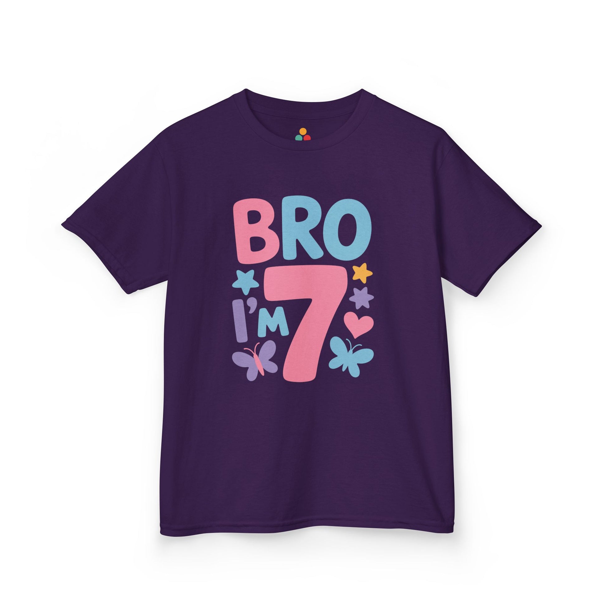 "Purple Bro I'm 7 shirt by Teezoca, fun colorful sibling birthday graphic, flat front display."


