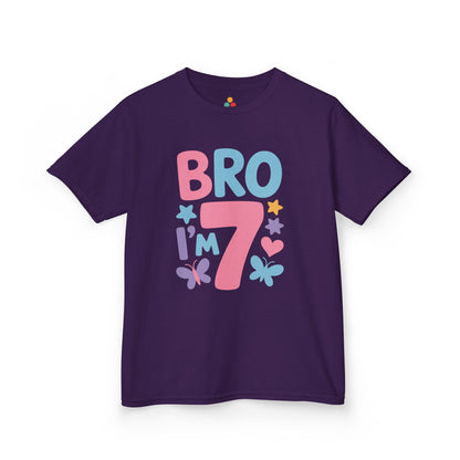 "Purple Bro I'm 7 shirt by Teezoca, fun colorful sibling birthday graphic, flat front display."

