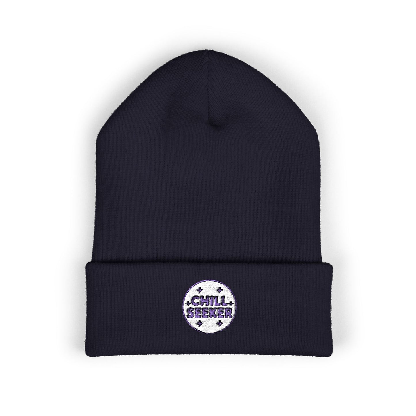 Navy beanie with 'Chill Seeker' logo on a white background