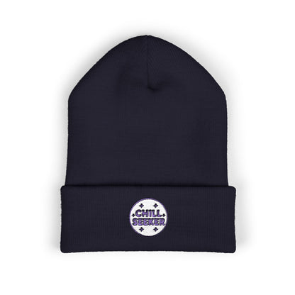 Navy beanie with 'Chill Seeker' logo on a white background