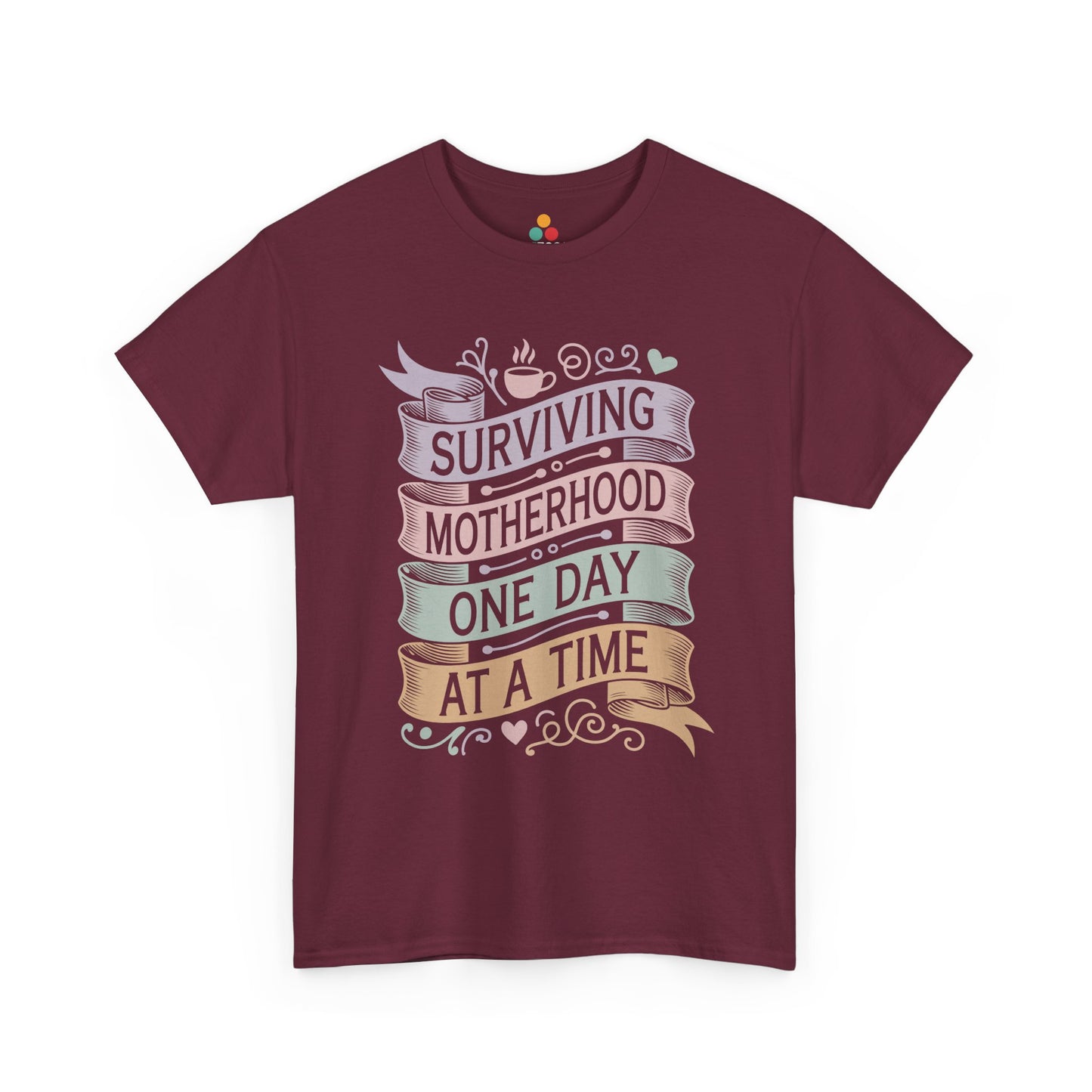 TEEZOCA maroon "Surviving Motherhood One Day At A Time" vintage mom quote t‑shirt shown flat.