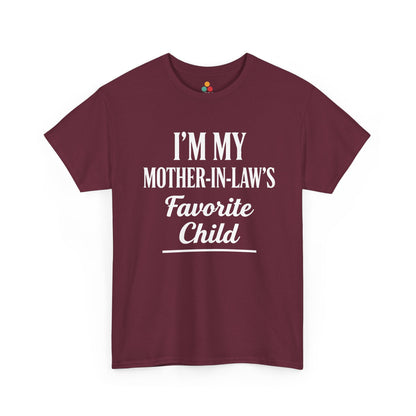 “Teezoca brown I’m My Mother‑In‑Law’s Favorite Child t‑shirt, bold white lettering, front.”

