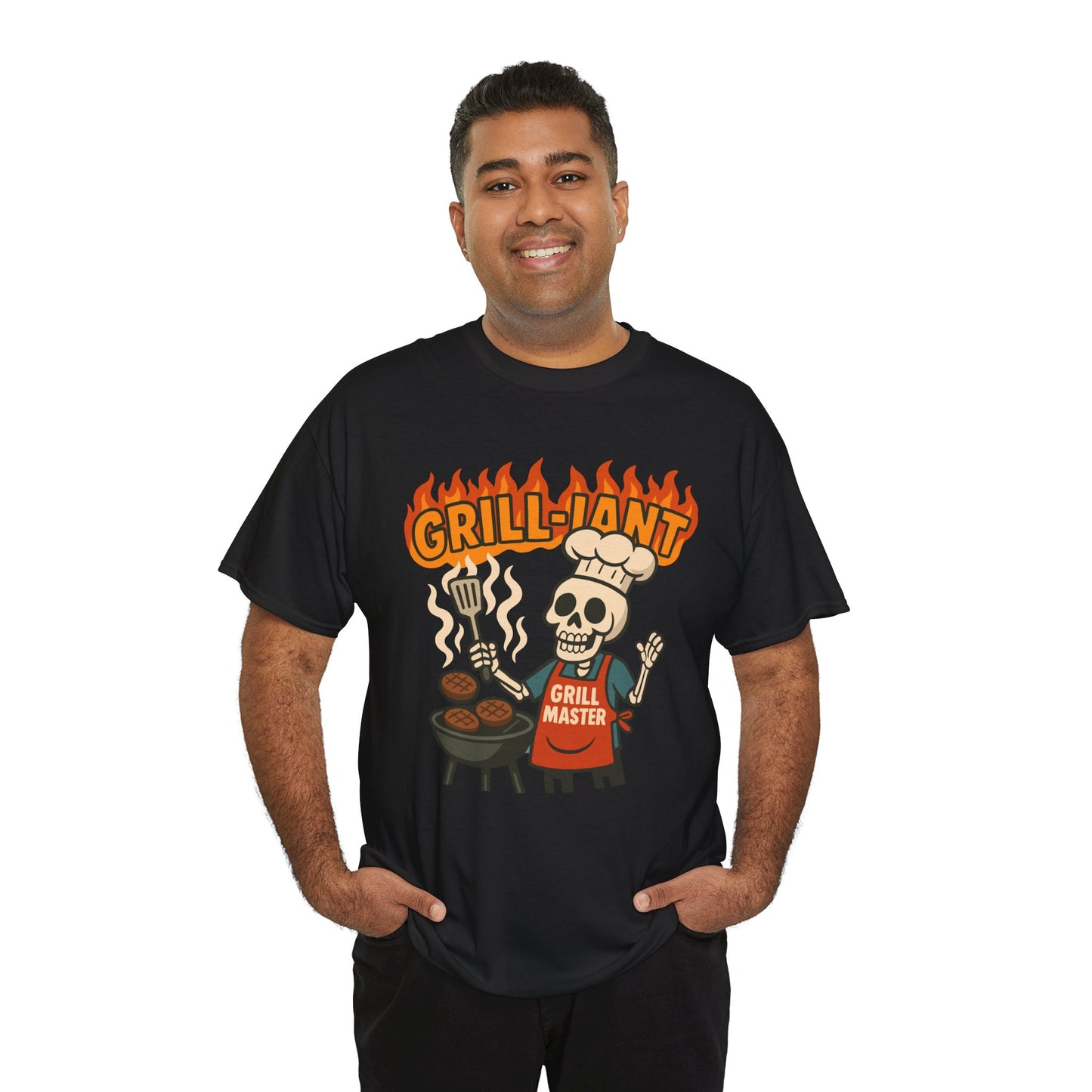 Man wearing a black t-shirt with a 'Grill-Jant' graphic design on a white background
