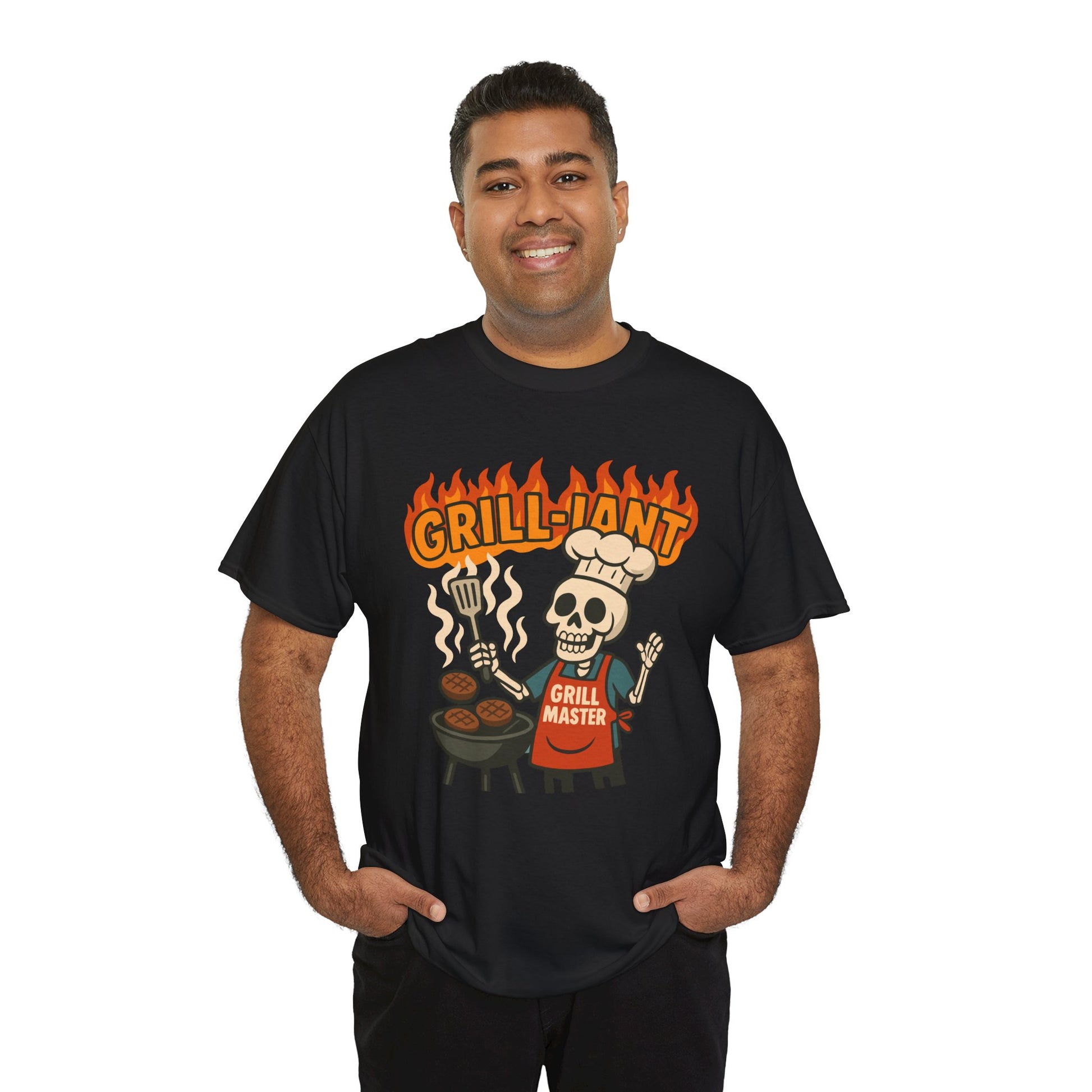 Man wearing a black t-shirt with a 'Grill-Jant' graphic design on a white background