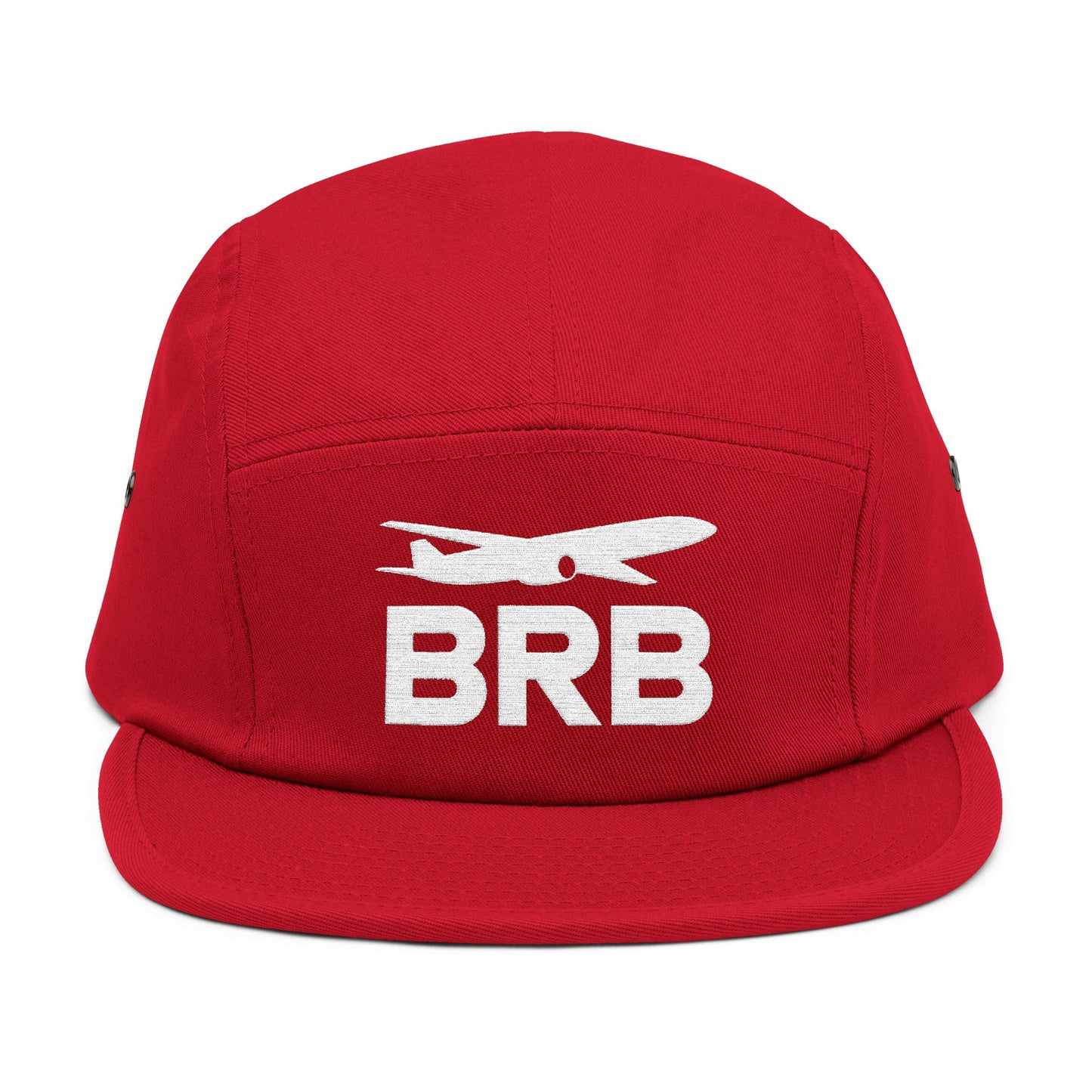 Red cap with 'BRB' and airplane logo on a white background. Minimalist BRB airplane embroidered design for 5-panel cap by TEEZOCA