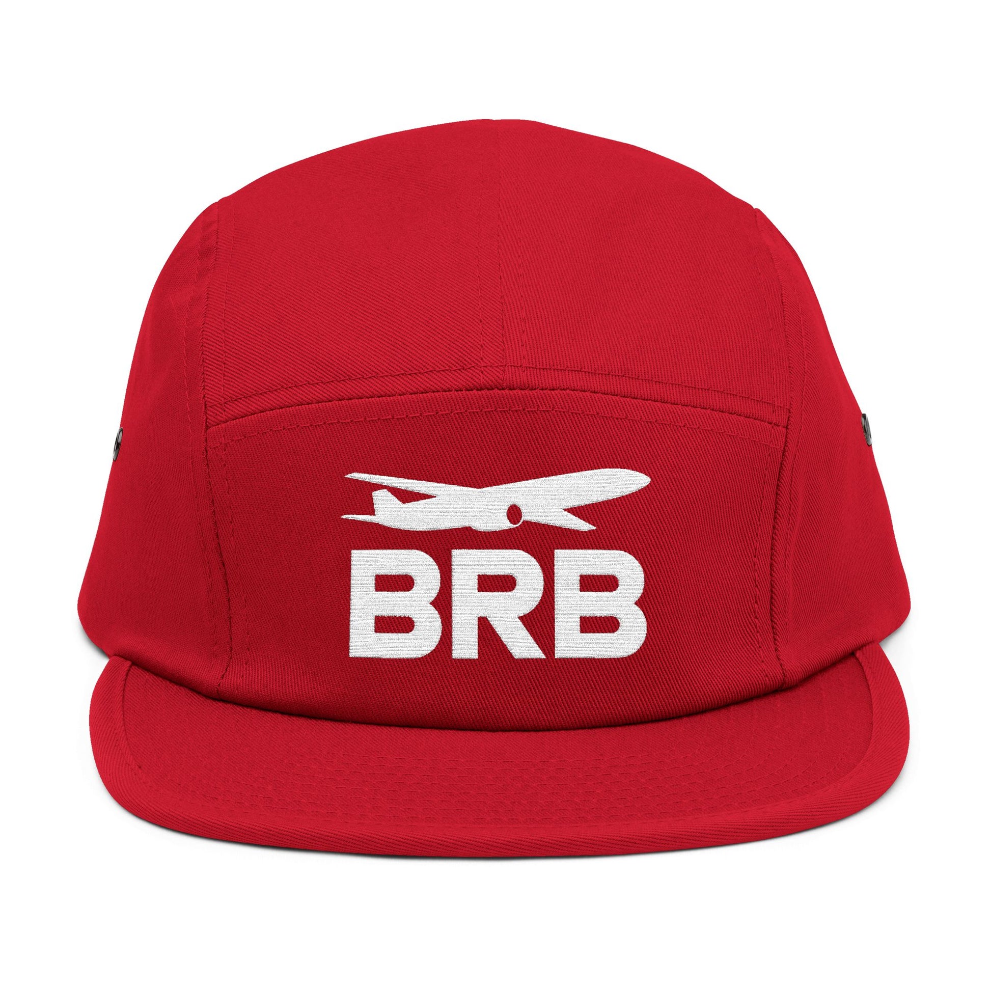 Red cap with 'BRB' and airplane logo on a white background. Minimalist BRB airplane embroidered design for 5-panel cap by TEEZOCA