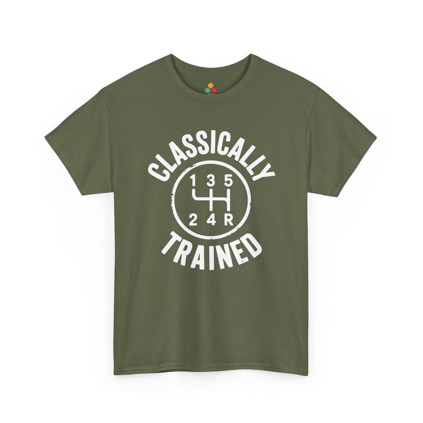  Light olive t‑shirt with white “Classically Trained” and shift diagram, flat front view.​