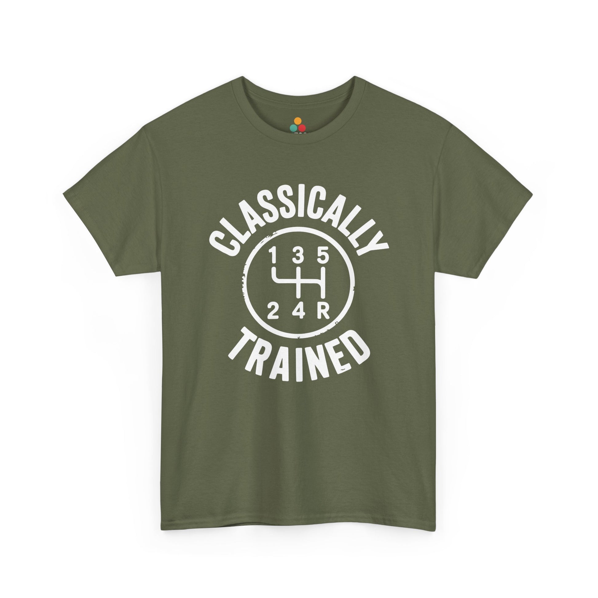  Light olive t‑shirt with white “Classically Trained” and shift diagram, flat front view.​