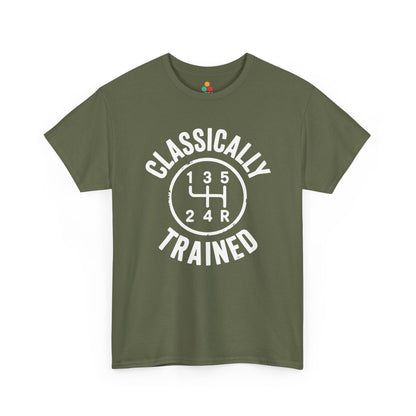  Light olive t‑shirt with white “Classically Trained” and shift diagram, flat front view.​