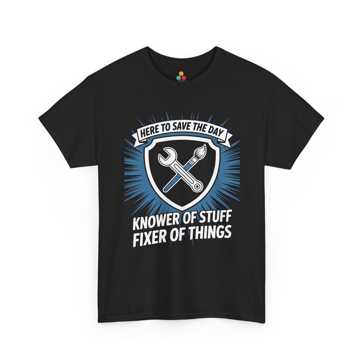 TEEZOCA black “Knower Of Stuff Fixer Of Things” graphic t‑shirt shown flat on a white background.