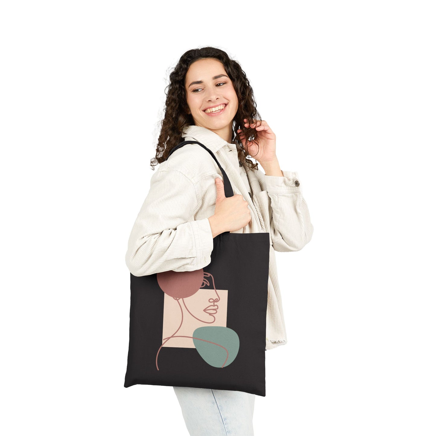 Modern line art portrait with soft neutral shapes on a TEEZOCA tote bag