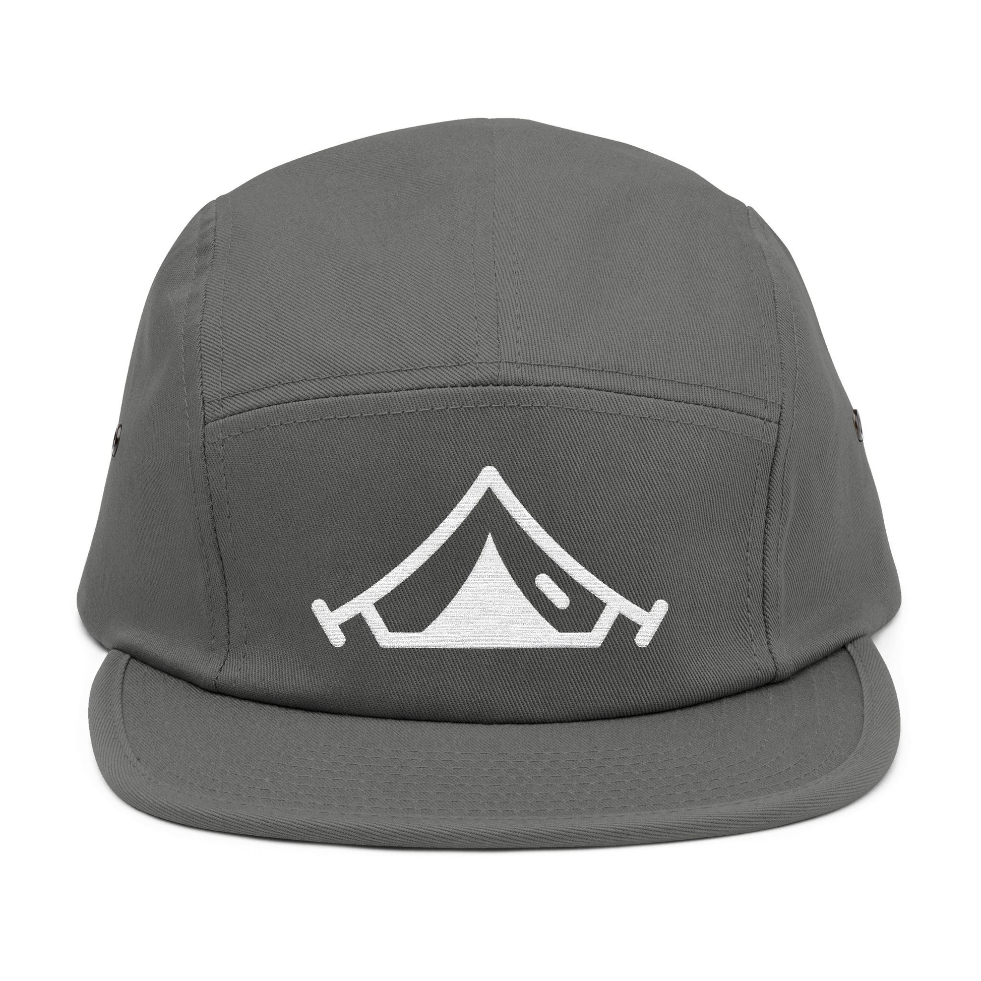 Gray cap with a tent logo on a white . Minimal embroidered camping tent icon in bold line style. TEEZOCA