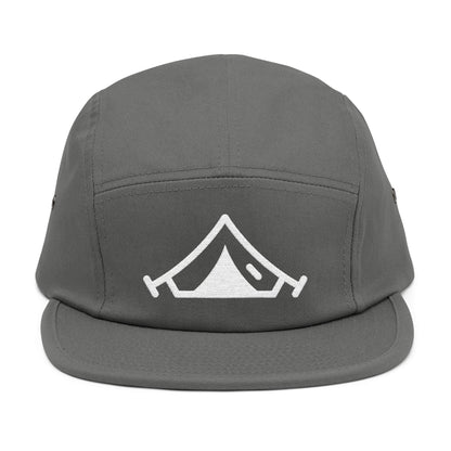 Gray cap with a tent logo on a white . Minimal embroidered camping tent icon in bold line style. TEEZOCA