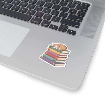 TEEZOCA book lover sticker cat sleeping on stacked books design