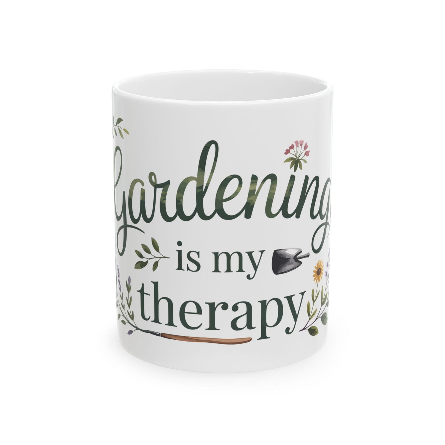 TEEZOCA ceramic mug featuring Gardening Is My Therapy design with floral wreath