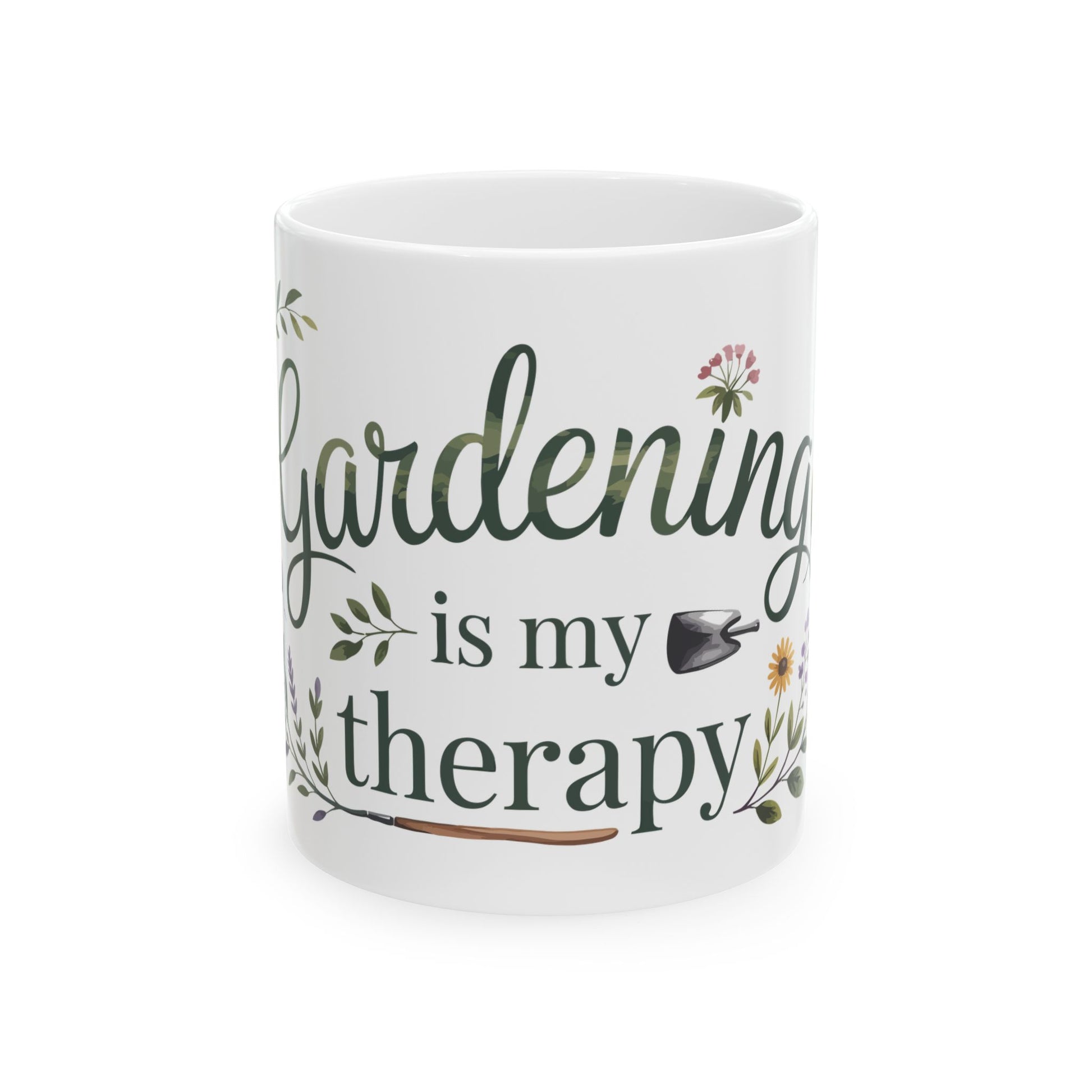 TEEZOCA ceramic mug featuring Gardening Is My Therapy design with floral wreath