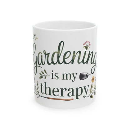 TEEZOCA ceramic mug featuring Gardening Is My Therapy design with floral wreath