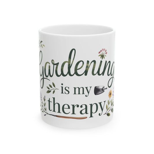 TEEZOCA ceramic mug featuring Gardening Is My Therapy design with floral wreath