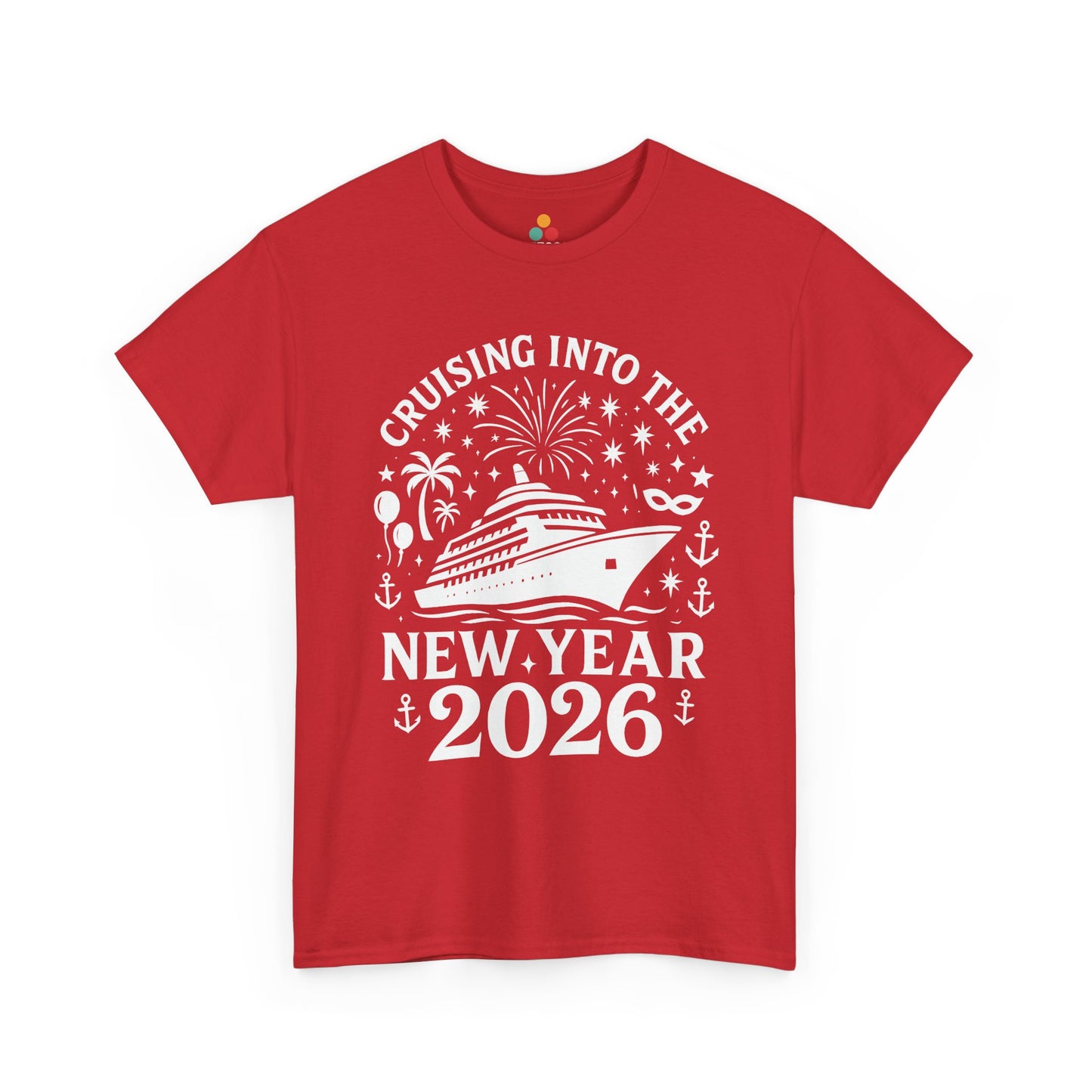 Red t-shirt with New Year's design featuring a cruise ship and 'Cruising into the New Year 2026' text.