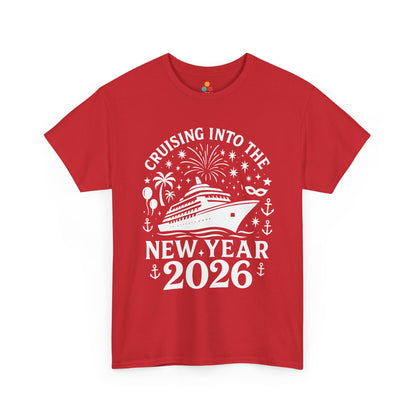 Red t-shirt with New Year's design featuring a cruise ship and 'Cruising into the New Year 2026' text.