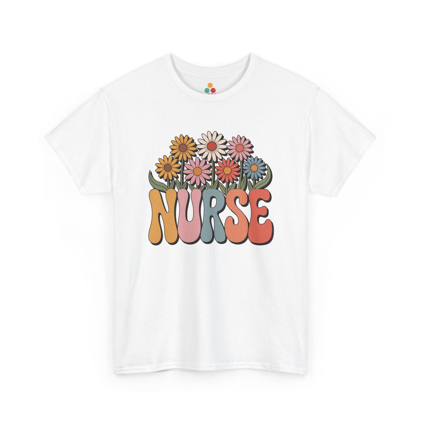 Cute groovy “NURSE” White tee shirt with pastel daisy flowers and bubbly retro letters, perfect aesthetic nurse tee for RNs, LPNs, CNAs, and nursing students who love fun, colorful scrubs style.
